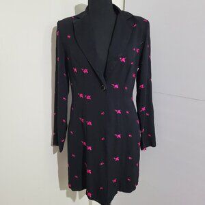 Vintage Dawn Joy Long Black Pink Floral Embroidered Blazer Jacket Size 5/6